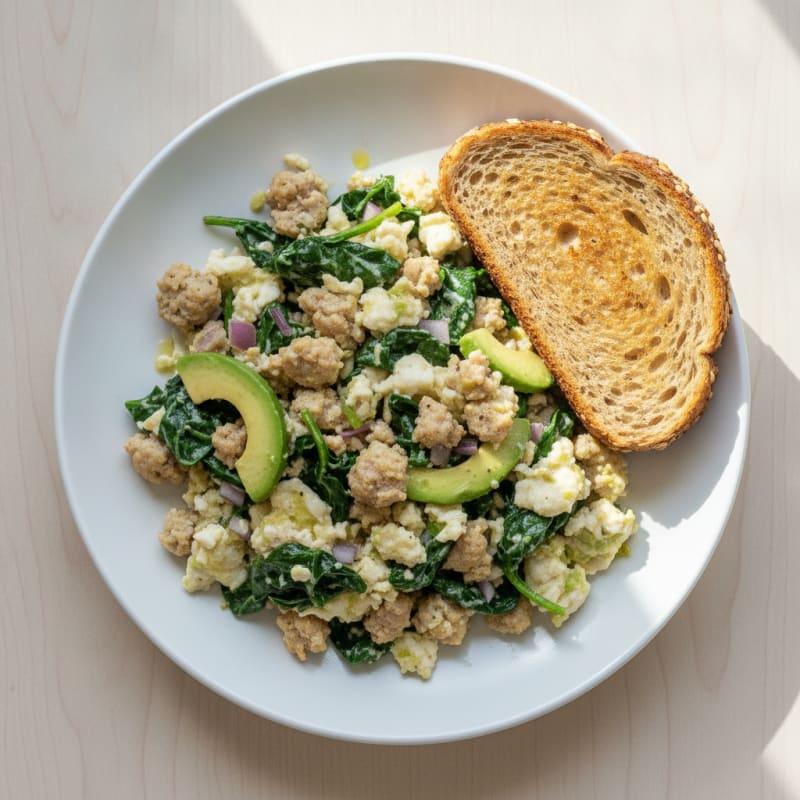 Egg White and Turkey Sausage Scramble with Sautéed Spinach