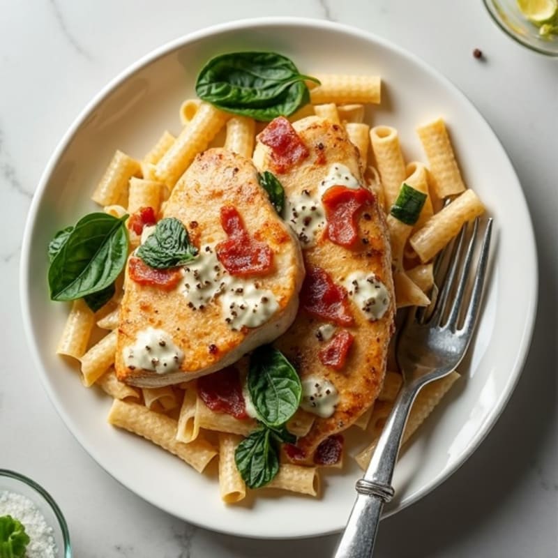 Creamy Chicken and Crispy Turkey Bacon Whole Wheat Pasta