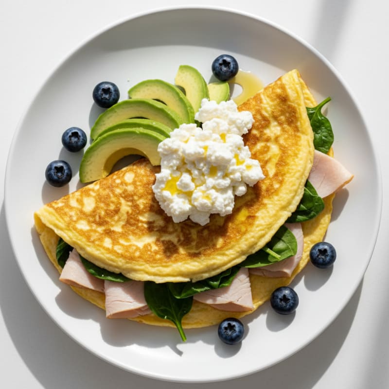 Egg White Spinach Omelette with Cottage Cheese and Sliced Turkey