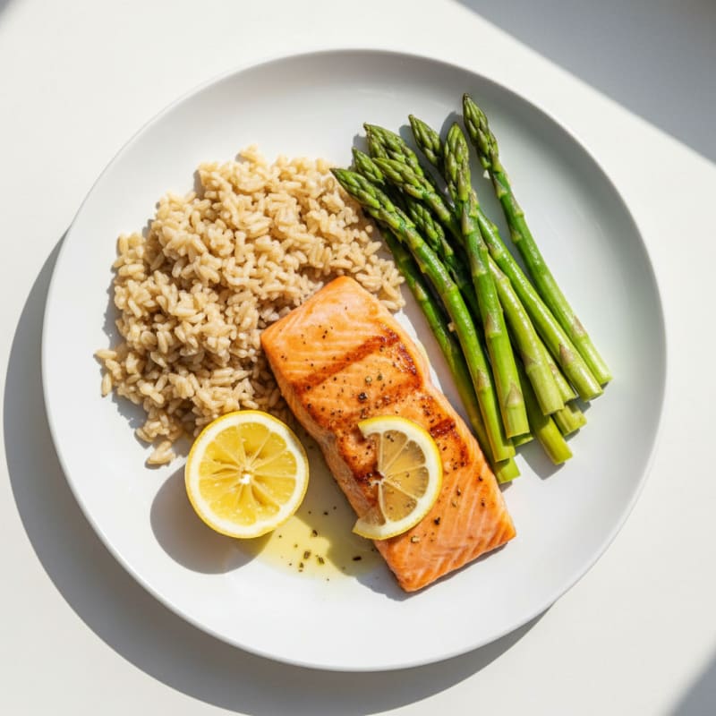 Seared Salmon Fillet with Steamed Asparagus and Brown Rice