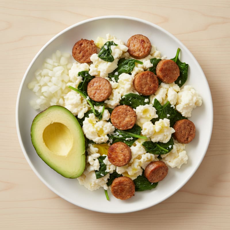Egg White Scramble with Turkey Sausage and Sautéed Spinach