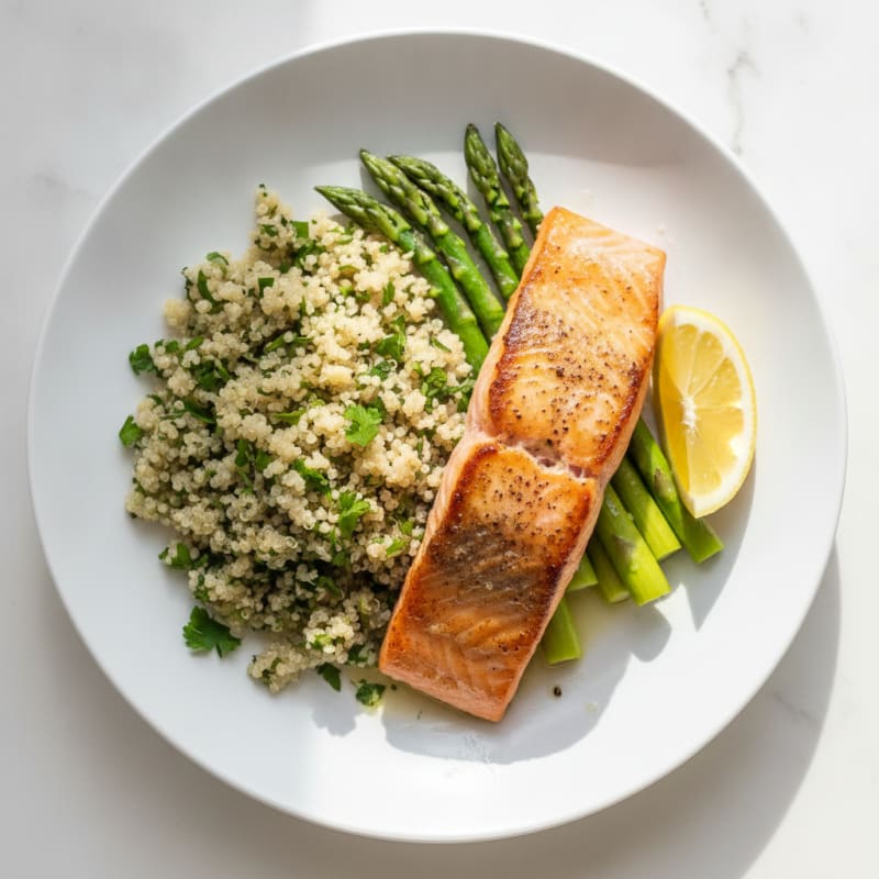 Seared Salmon with Steamed Asparagus and Herb Quinoa