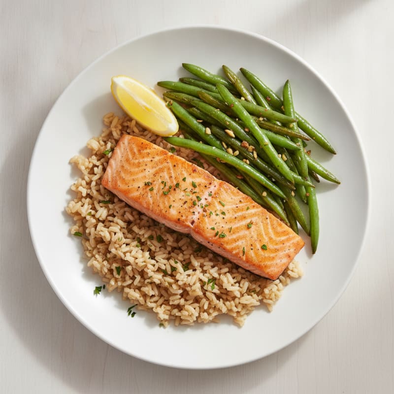 Seared Salmon Fillet with Garlic Green Beans and Brown Rice