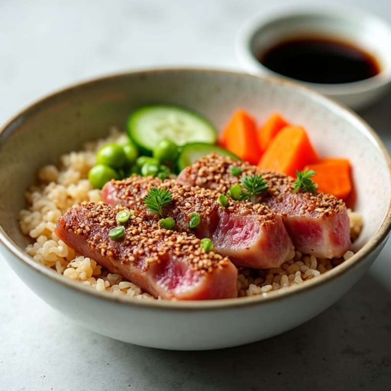 Sesame-Crusted Tuna Rice Bowl with Fresh Vegetables