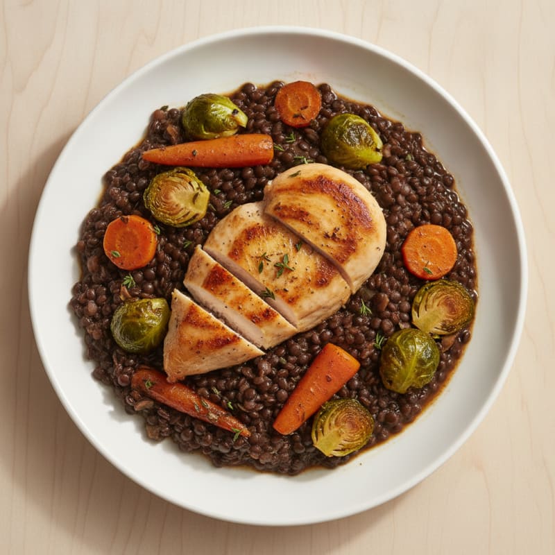 Braised Black Lentils with Roasted Vegetables