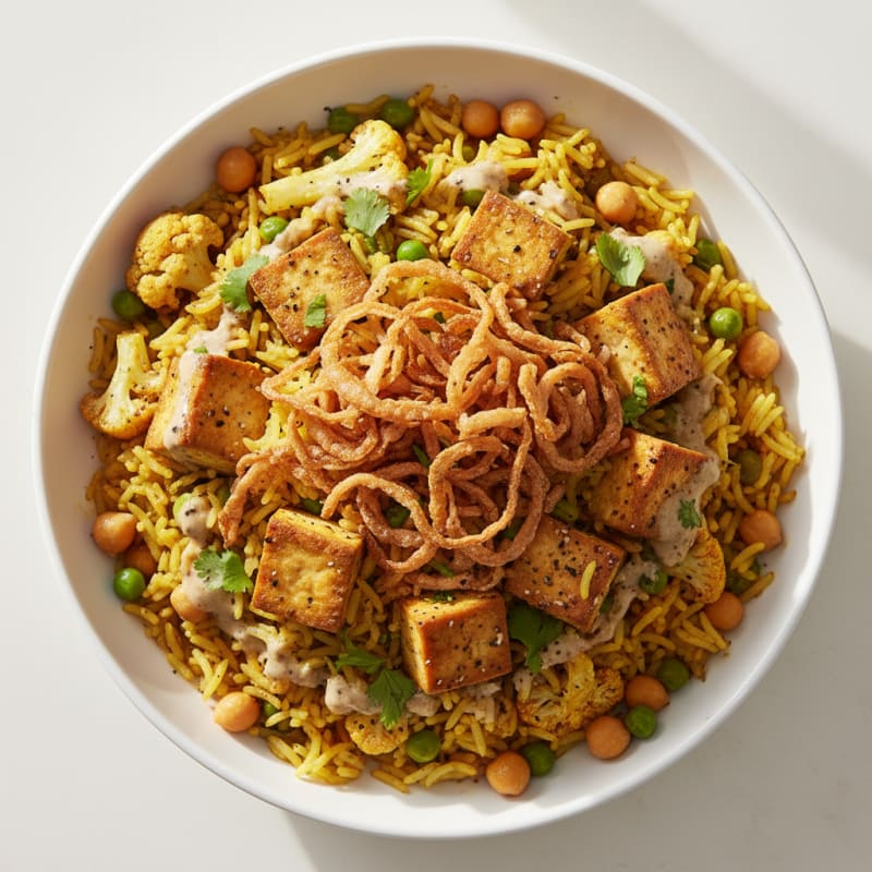 Golden Vegetable Biryani with Crispy Onions