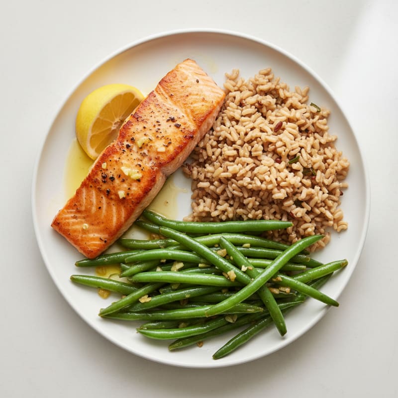 Seared Salmon with Garlic Green Beans and Brown Rice