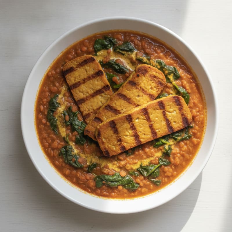 Creamy Lentil and Spinach Stew with Grilled Tempeh