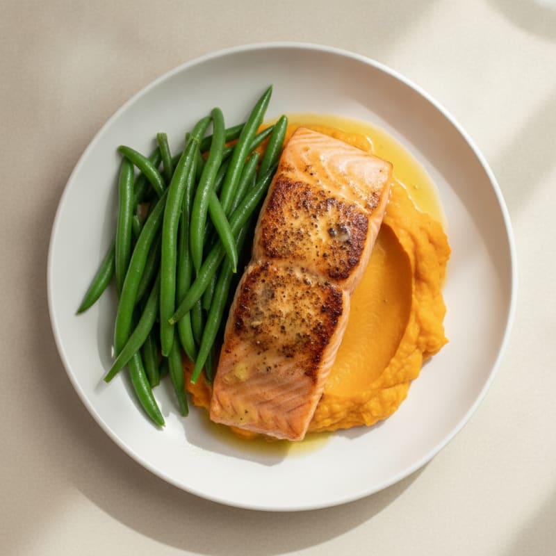 Seared Salmon with Steamed Green Beans and Sweet Potato Mash