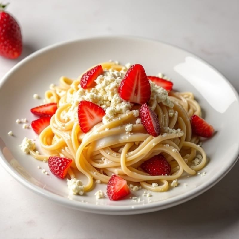 Creamy Goat Cheese Protein Fettuccine with Sliced Strawberries