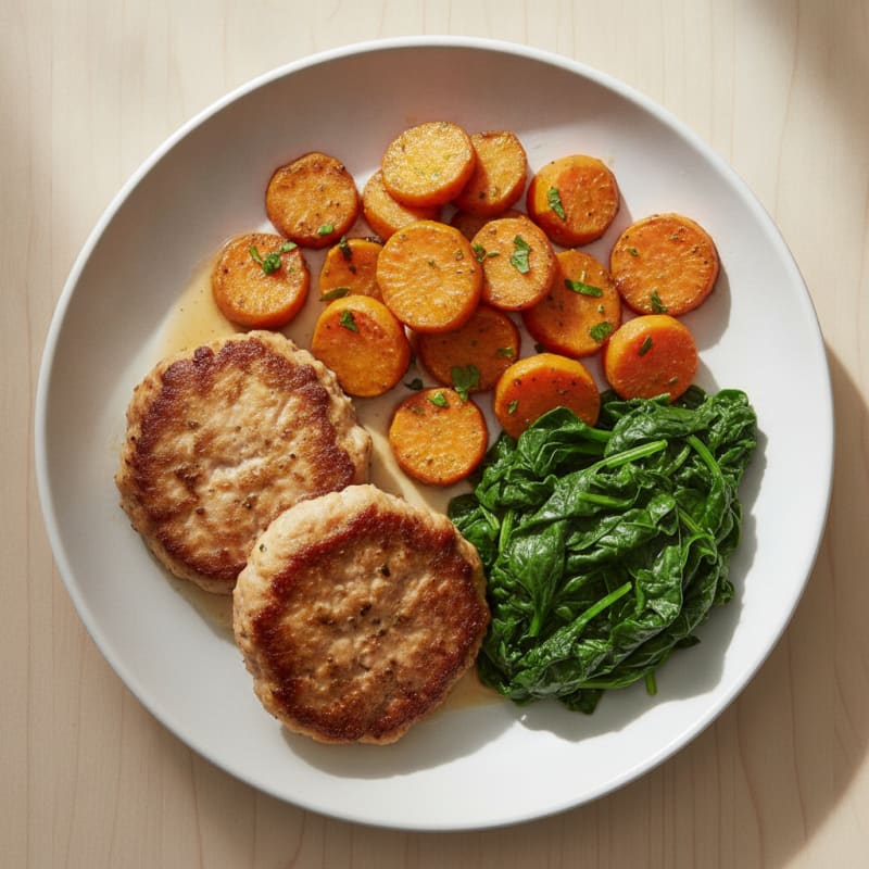 Seared Turkey Patties with Herb-Roasted Sweet Potato and Steamed Spinach
