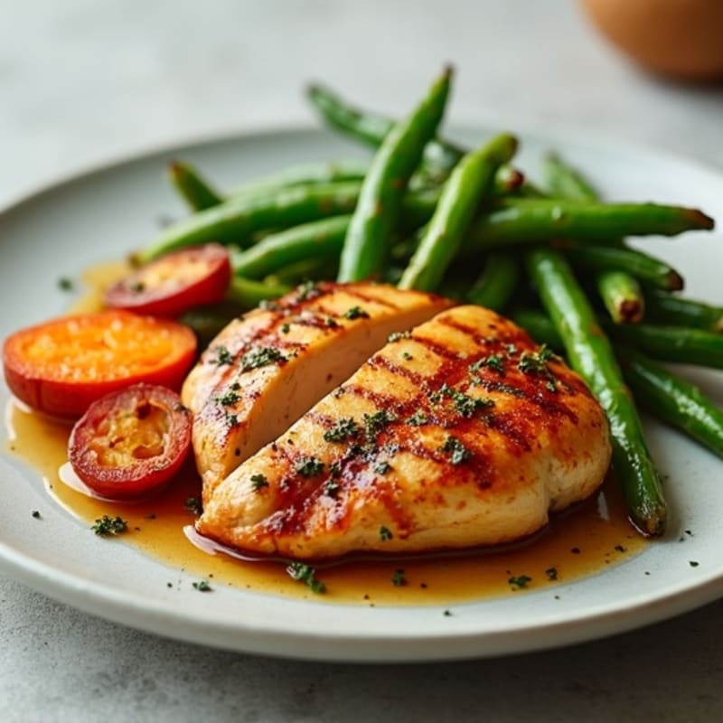 Honey-Garlic Grilled Chicken with Roasted Sweet Potatoes and Crispy Green Beans
