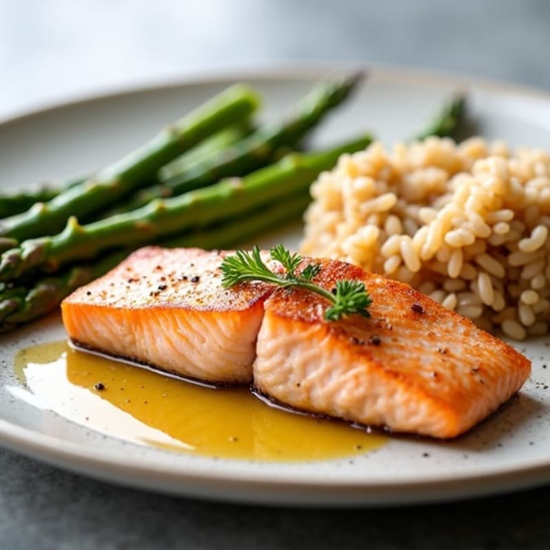 Seared Salmon Fillet with Steamed Asparagus and Brown Rice