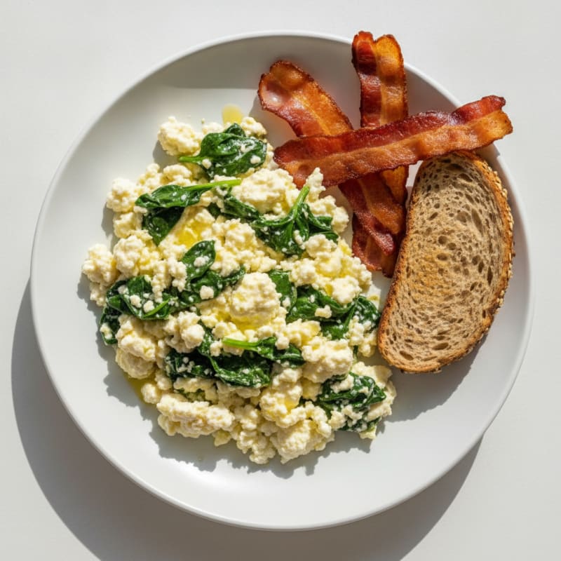 Cottage Cheese Scramble with Spinach and Turkey Bacon