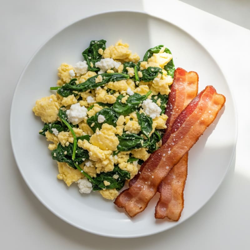 Cottage Cheese Egg Scramble with Sautéed Spinach and Turkey Bacon