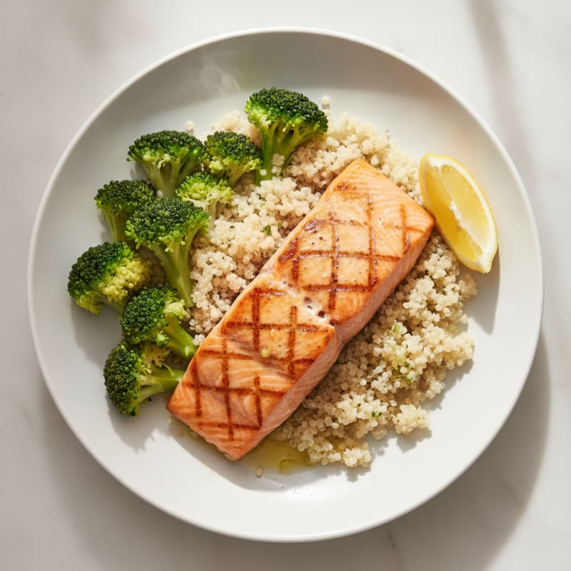 Seared Salmon Fillet with Steamed Broccoli and Quinoa