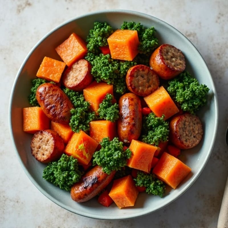 Sweet Potato and Turkey Sausage Hash with Crispy Kale
