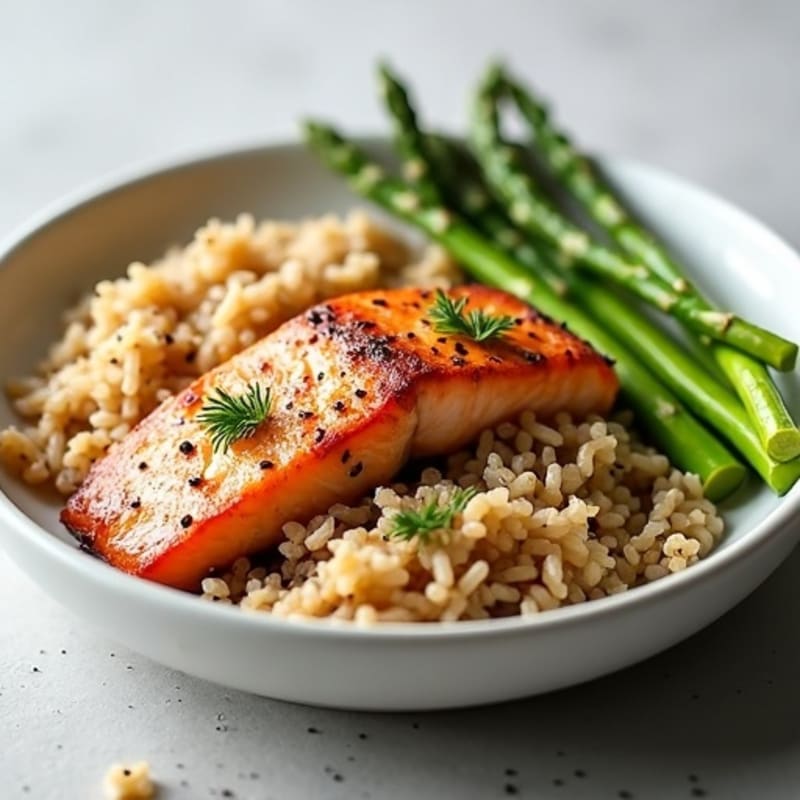 Seared Salmon with Steamed Asparagus and Brown Rice