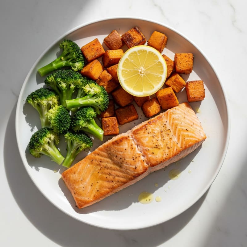 Seared Salmon Fillet with Roasted Sweet Potatoes and Steamed Broccoli