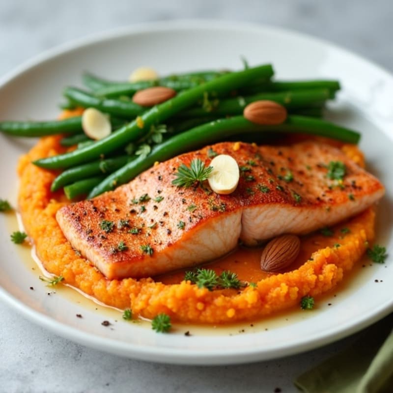 Seared Salmon with Garlic Green Beans and Sweet Potato Mash