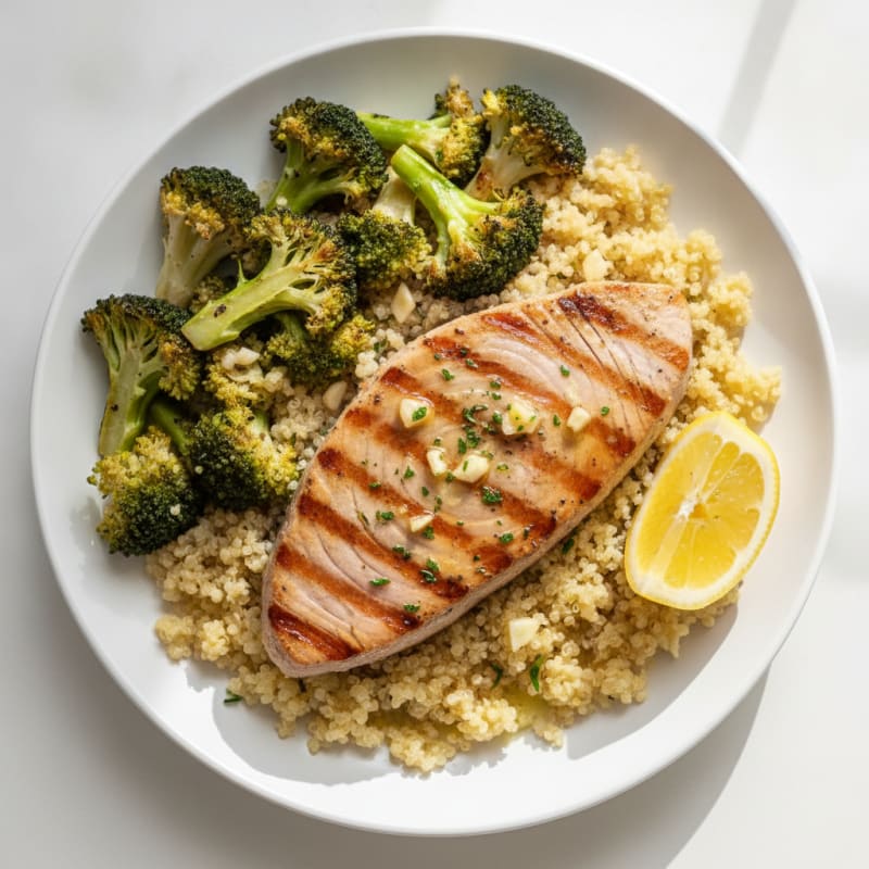 Grilled Tuna Steak with Quinoa and Roasted Broccoli