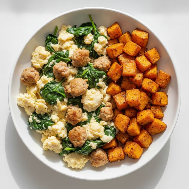 Crispy Turkey Sausage and Egg White Scramble with Roasted Sweet Potatoes