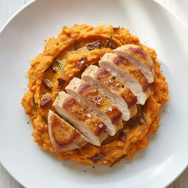Garlic Herb Mashed Sweet Potatoes with Seared Chicken