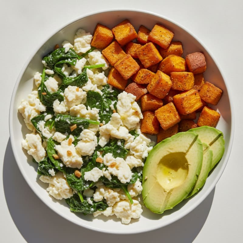 Egg White and Spinach Scramble with Roasted Sweet Potato
