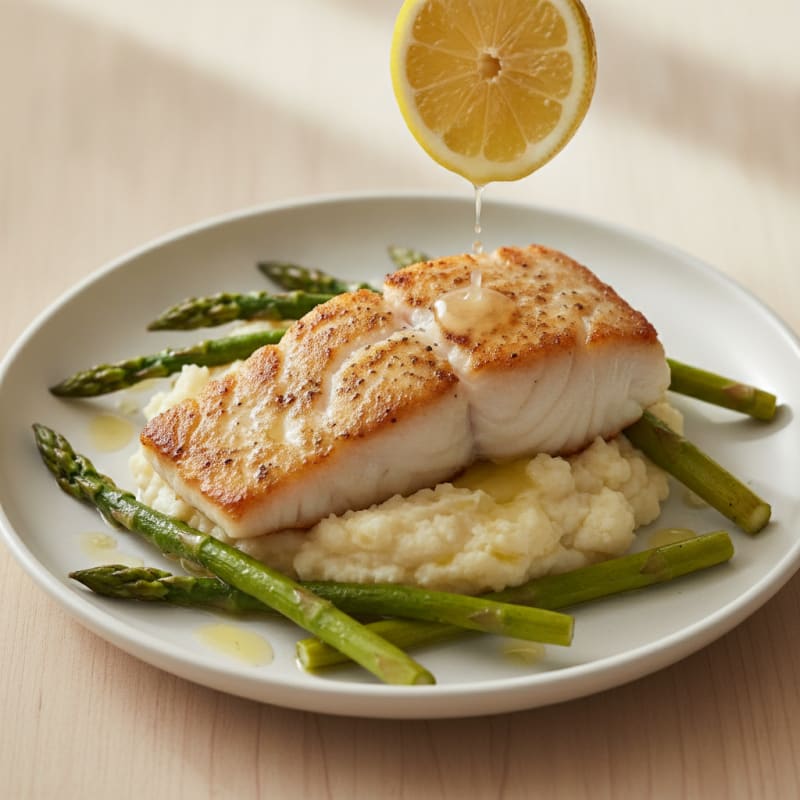 Seared Cod with Roasted Asparagus and Cauliflower Mash