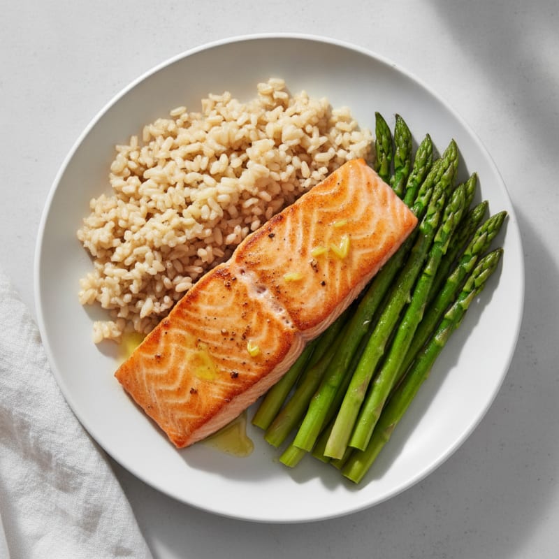 Seared Salmon with Steamed Asparagus and Brown Rice