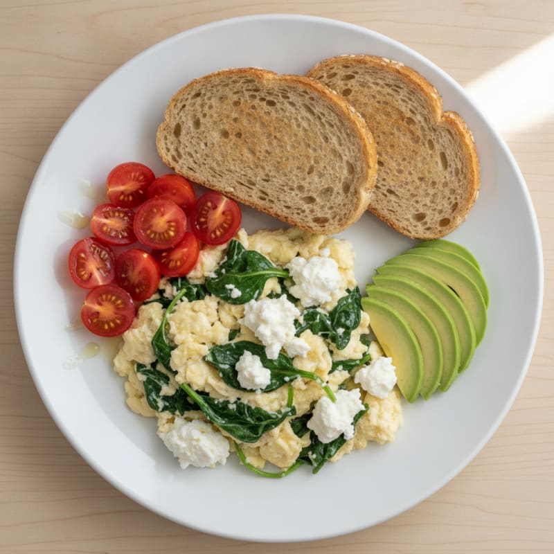 Egg White Spinach Scramble with Cottage Cheese and Fresh Tomatoes