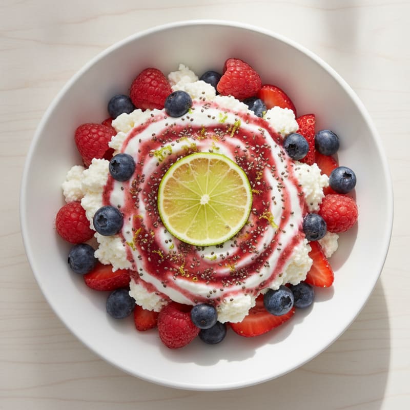 Greek Yogurt Parfait with Mixed Berries, Chia Seeds and Cottage Cheese