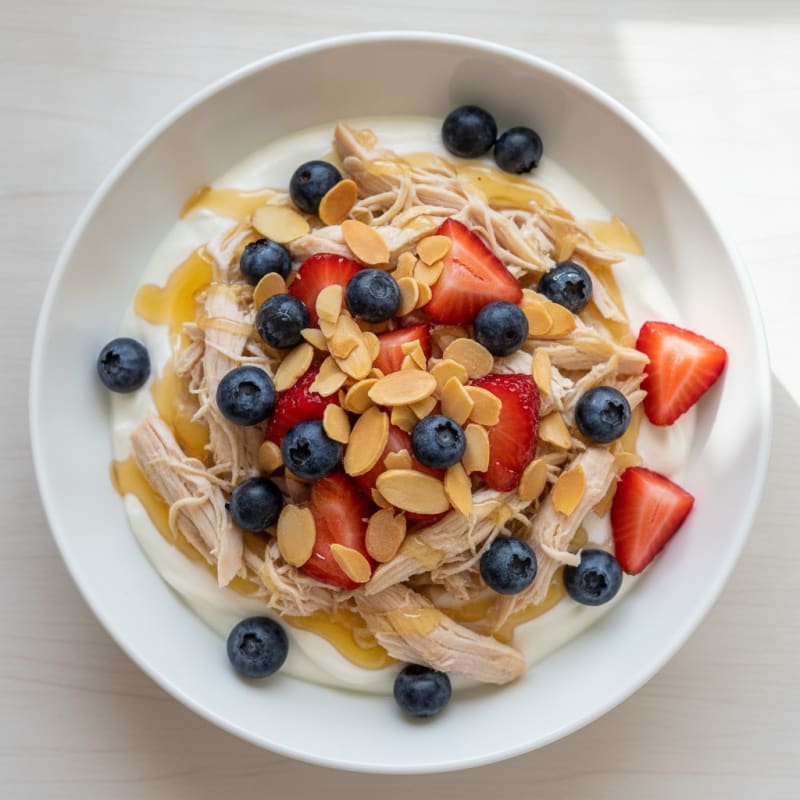 Creamy Greek Yogurt Protein Bowl with Shredded Chicken and Berries