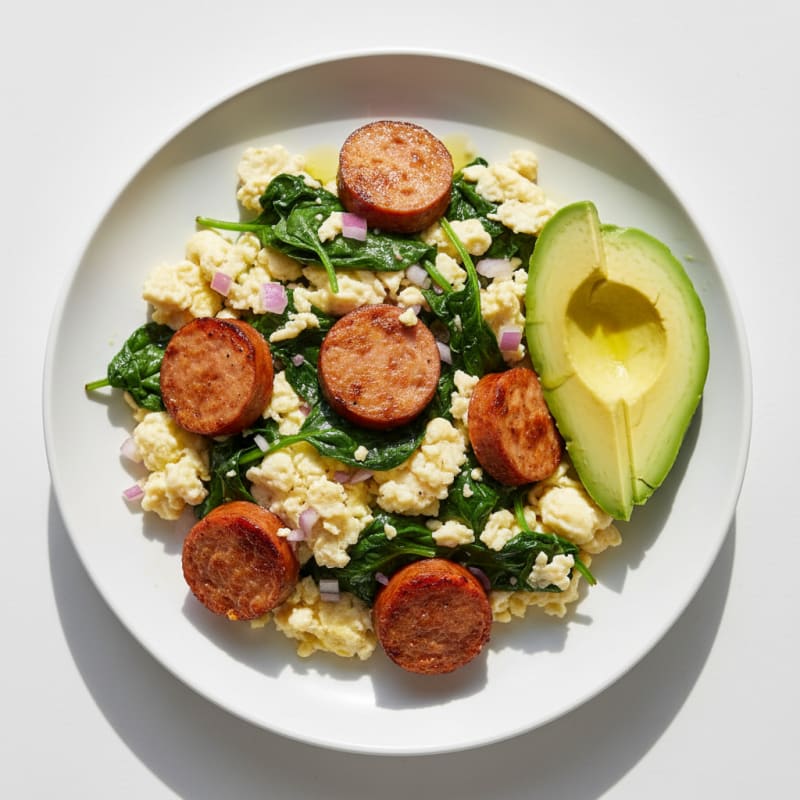 Egg White Scramble with Chicken Sausage and Sautéed Spinach