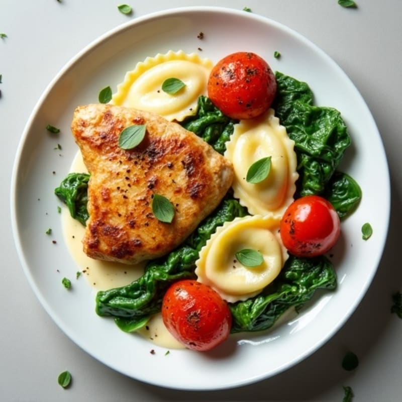 Pan-Seared Chicken with Creamy Spinach Ravioli and Blistered Cherry Tomatoes