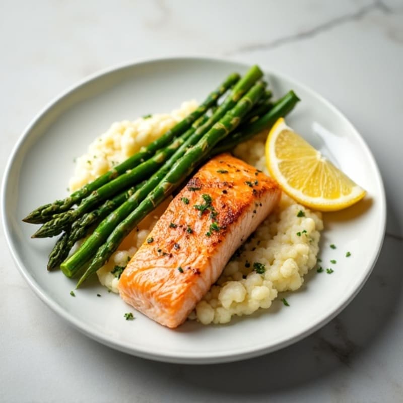 Seared Salmon Fillet with Steamed Asparagus and Cauliflower Mash