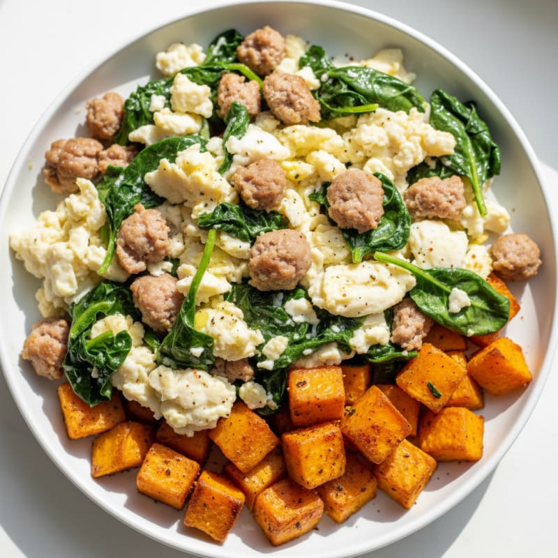 Egg White and Turkey Sausage Scramble with Spinach and Roasted Sweet Potatoes