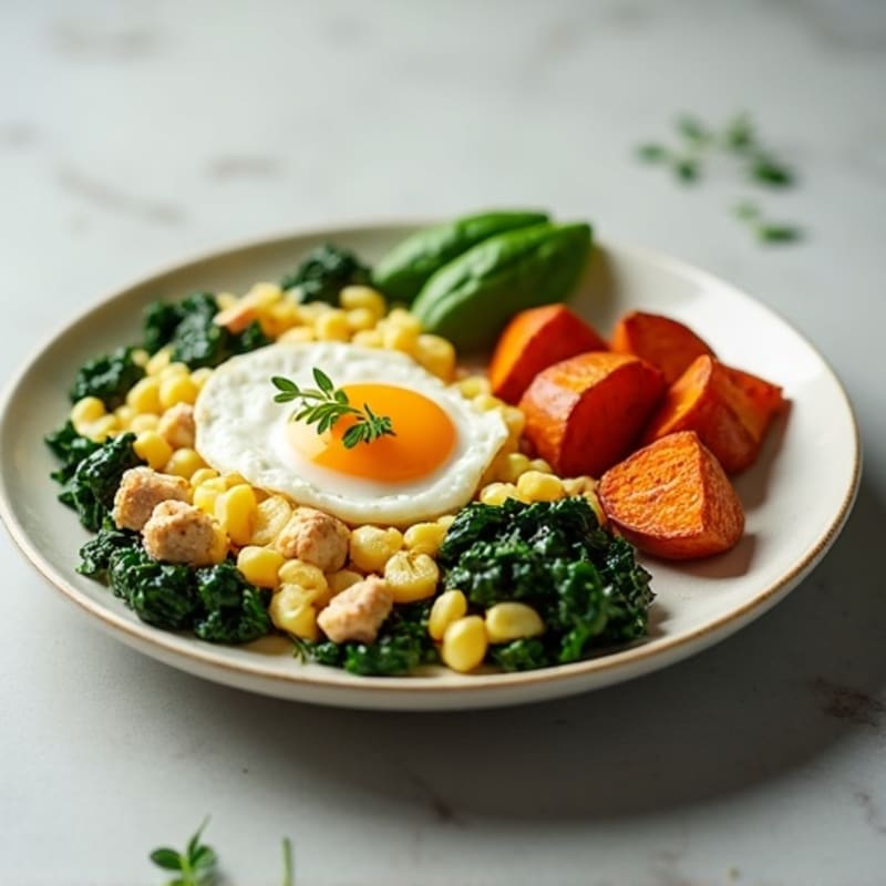 Spinach and Turkey Egg White Scramble with Roasted Sweet Potatoes