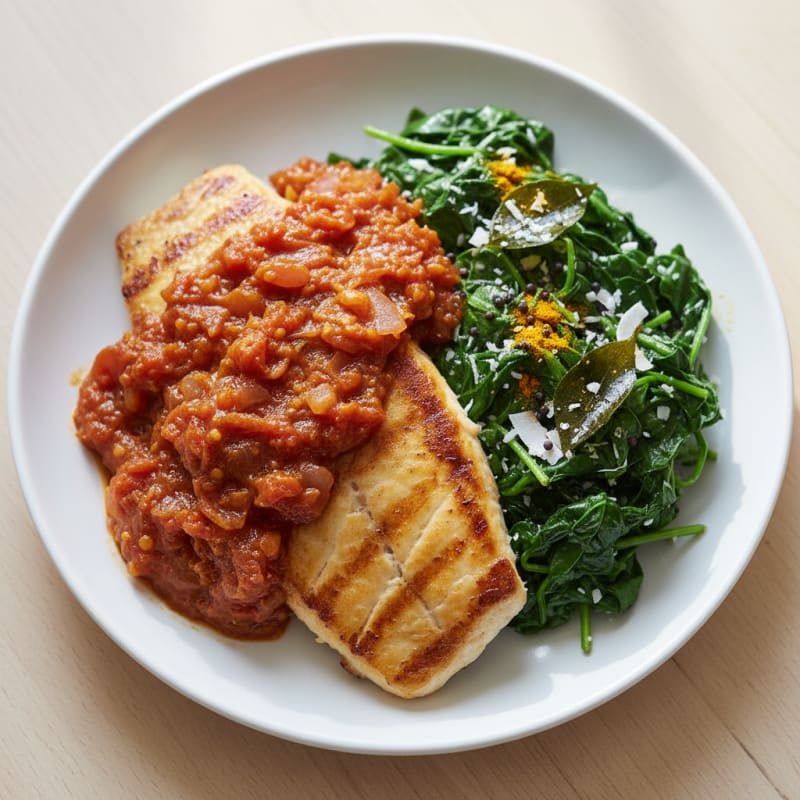 Seared Fish with Tomato-Onion Chutney and Sautéed Spinach