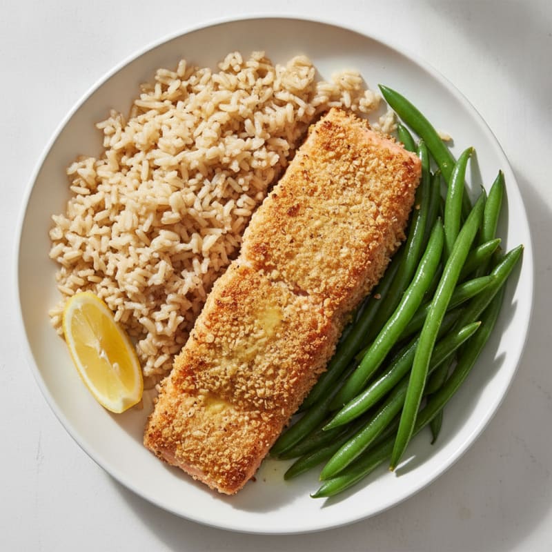 Oat-Crusted Seared Salmon with Brown Rice and Green Beans