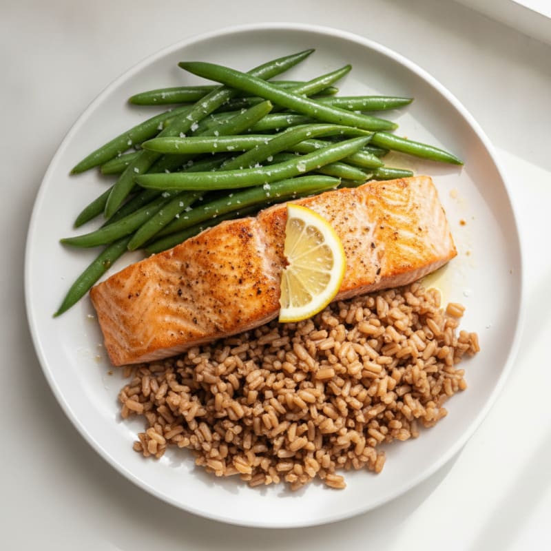 Seared Salmon with Steamed Green Beans and Brown Rice