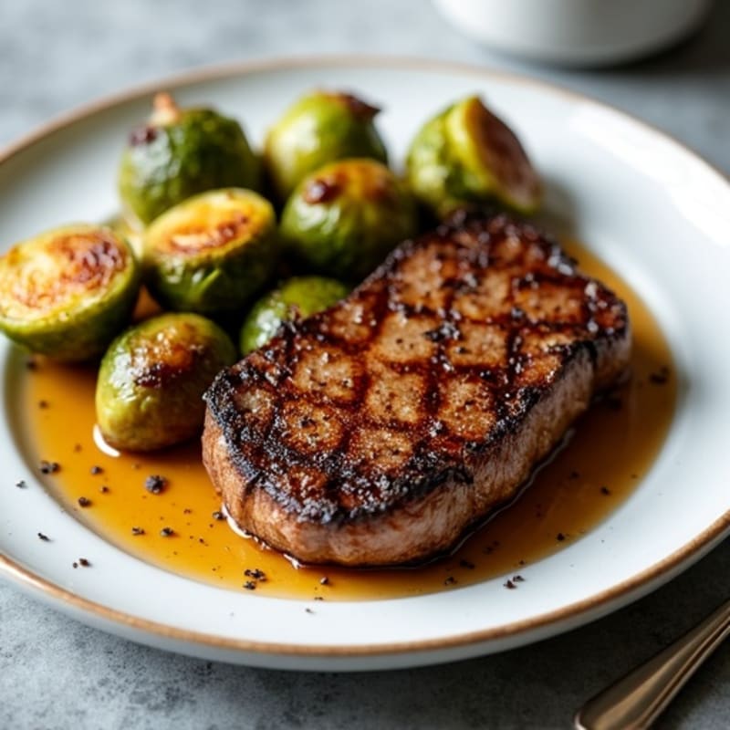 Tender Pan-Seared Steak with Crispy Roasted Brussels Sprouts
