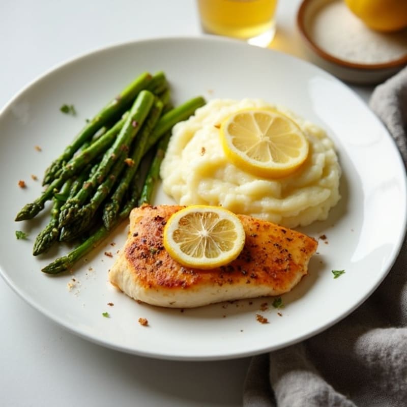 Lemon Garlic Chicken with Silky Mashed Potatoes and Roasted Asparagus