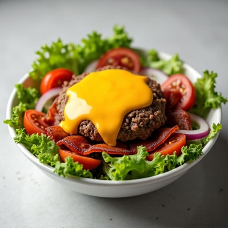 Lean Ground Beef Burger Bowl with Crispy Turkey Bacon and Creamy Cheddar Sauce