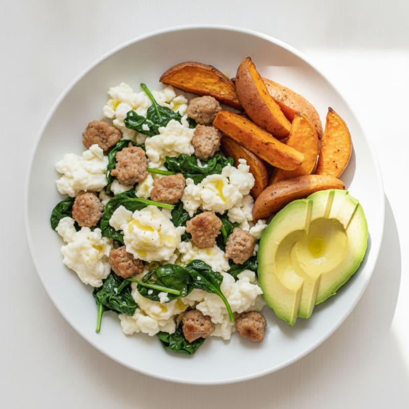 Egg White Scramble with Turkey Sausage and Sautéed Spinach