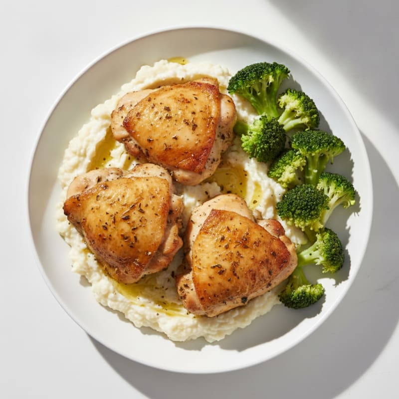 Roasted Chicken Thighs with Steamed Broccoli and Cauliflower Mash
