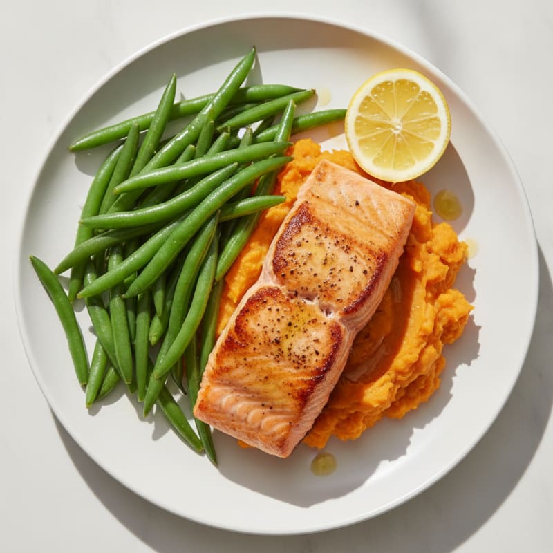 Seared Salmon with Steamed Green Beans and Sweet Potato Mash