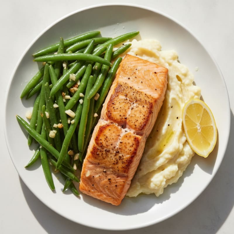 Seared Salmon Fillet with Garlic Green Beans and Cauliflower Mash