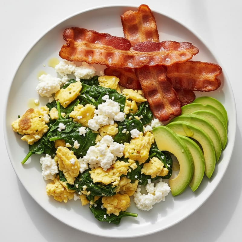 Cottage Cheese Egg Scramble with Spinach and Turkey Bacon