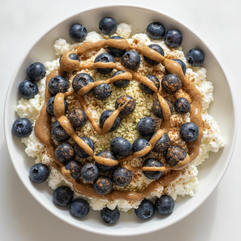 Cottage Cheese Berry Bowl with Almond Butter and Hemp Seeds